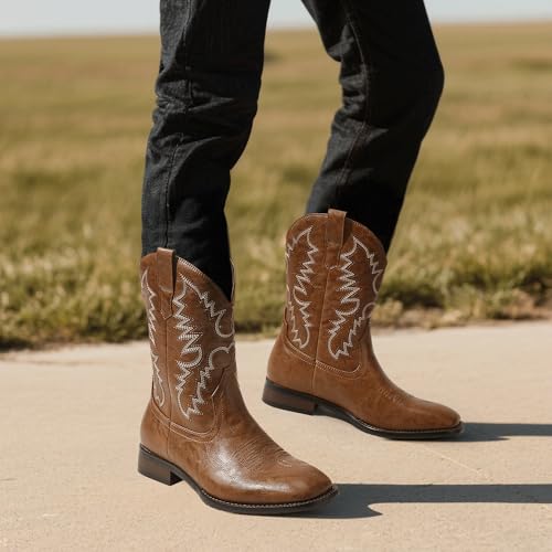 Mofri Cowboy Boots for Men Square Toe Western Classic Embroidered Slip on Chunky Heel Men's Boots2