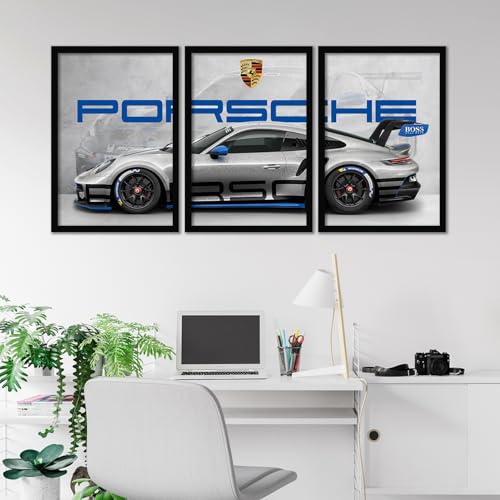 Image of ARTELLY Big Porsche 911 GT3rs Sports Car Framed Wall Posters, Set of 3, Premium Framed Painting, Living Room Bedroom Decoration, Large Size Gift Item for Boys Room Decor (Porsche 1, 13x19 inch)
