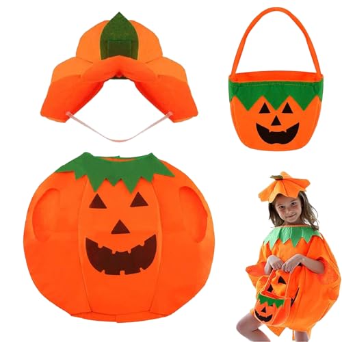 XoeLLe 3 peças disfarce abóbora criança, com cesta de abóbora de brinquedo e chapéu, disfarce de Halloween para criança, altura 105-145 cm, 4-10 anos, para Halloween, carnaval, cosplay, festa temática