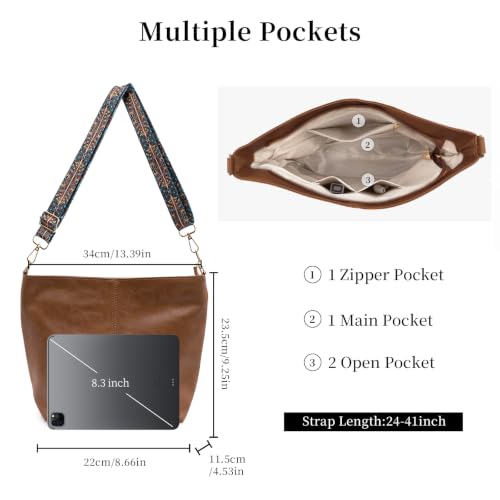 Image of Hobo Crossbody Bags for Women Vegan Leather Crossbody Bag Guitar Strap Purse Shoulder Bucket Bag Boho Tote Handbags Dark Brown