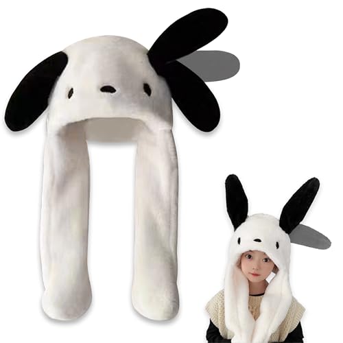 Roffatide Anime Pochacco Ear Moving Jumping Hat Fluffy Beanie Cap Soft Warm Winter Head Wear Cute Hats for Women Black and White
