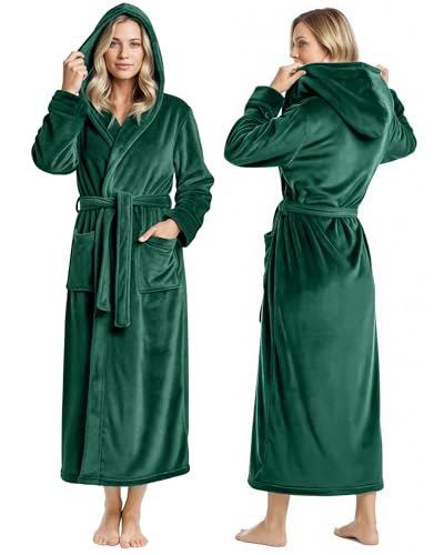 NY Threads Damen-Bademantel aus Fleece mit Kapuze, langer Plüsch-Bademantel, Grün, Large