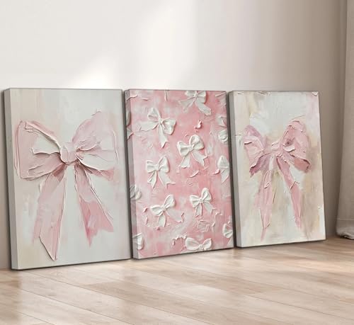 Image of 3Pcs Trendy Pink Bow Canvas Wall Art Vintage Cute Preppy Watercolor Bow Painting Pictures Wall Decor Posters Prints Girly Aesthetic for College Apartment Bedroom Decoration