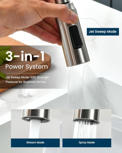 Image of APPASO 4 Hole Kitchen Faucet Brushed Nickel for 3 or 4 Hole Standard Sinks | 2 Handle Kitchen Faucets with 3-Mode Pull Down Sprayer and Soap Dispenser, Square Spout Dual Handle Faucet Stainless Steel
