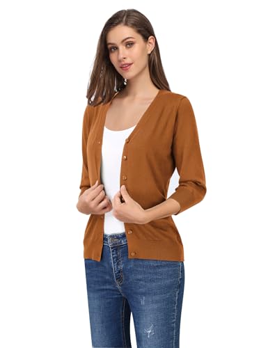 Image of Leadingstar Women's 3 /4 Sleeve Cardigan Lightweight Sweater Cardigan V-Neck Solid Color Soft Knit Sweater Tops