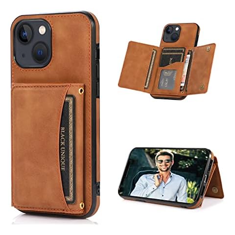 FLYEE Phone Wallet Case Compatible for iPhone 14 with Card Holder,Easily Store 6 Cards,Premuim Leather,RFID Blocking,Kickstand,Raised coner add Protections for Screen and Camera,(Brown, 6.1inch) Cover