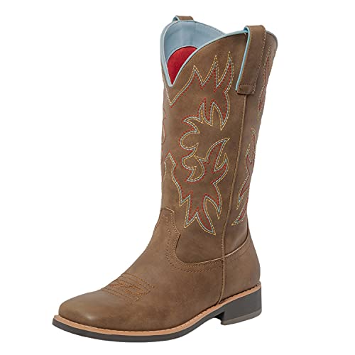 SheSole Women's Mid Calf Square Toe Cowgirl Western Cowboy Boots Brown