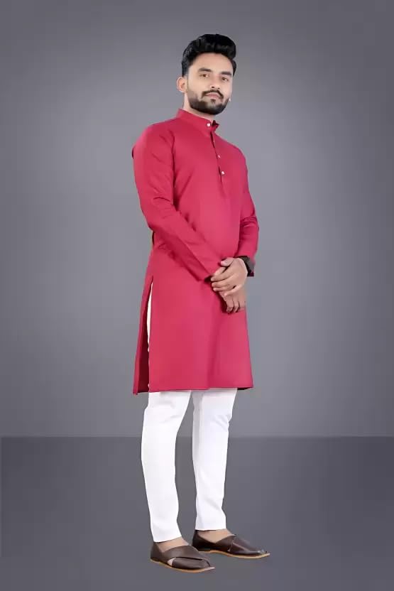 Image of weltpocket Men's Cotton Blend Solid Straight Kurta Pyjama