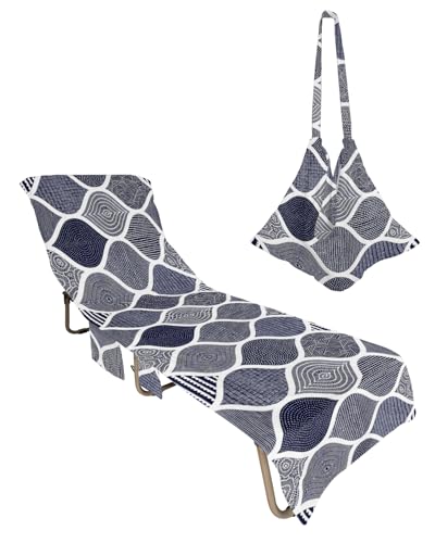 Geometric Beach Chair Towel Covers for Chaise Lounge with Side Pocket, Soft Plush Pool Towels Cover for Patio Sunbathing Outdoor 29''x85'' Watercolor Moroccan Abstract Boho Blue