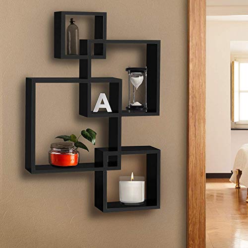Image of Wooden Wall Shelves Set of 4 Floating Shelves for Home Kitchen Living Room & Office Decor Stylish Wall-Mounted Storage and Display Shelves (Black)