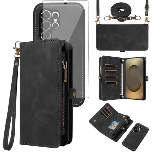 Coque portefeuille S25 Ultra cuir élégant avec sangle à rabat et vitre de protection
