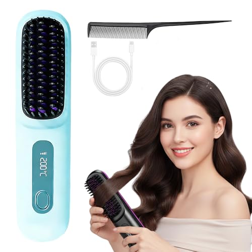 Go Brush Pro for Short Hair - 2026 Upgraded Cordless Straightening Brush with Fast Heat 3 Temperature Settings Ionic & Ceramic Care 2000mAh USB-C Rechargeable for Frizz-Free Styling (Blue)