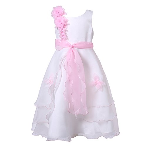Richie House Girl's Elaborate Gown with Floral Accents RH0681-C-8/9,White/Pink,8-9