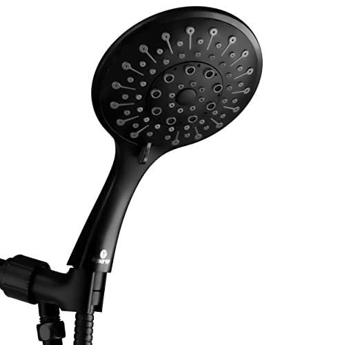 Aquarius Handheld Matte Black Shower Head With Hose (Extra Long) Luxury Spa Grade High Pressure Hand Held Showerhead With 6 Spray Settings - Adjustable Brass Ball Holder & Teflon Tape #TOP15