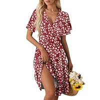 Vestito Midi Donna Tasconi Vestitino Casual Abbigliamento Offerte a Tempo Lampo Oggi, Trousers Scollo V Comodi Caviglia Eleganti Mimetici Manica Corta Cotone Abiti Mare Donna L