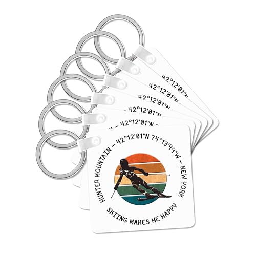 3dRose, Hunter Mountain, New York. Woman skier on white. Downhill skiing, set of 6 Key Chains