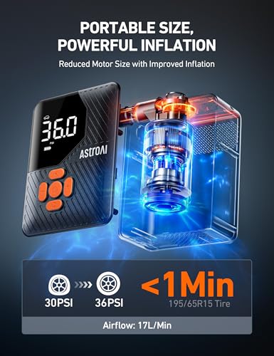 Image of AstroAI 150 PSI Tire Inflator Portable Air Compressor L7 Mini | Fast Inflation, Cordless, Air Pump with LED Light &Pressure Gauge, Auto Shut-Off, for Cars, Motorcycle, Bicycle, Ball, Orange