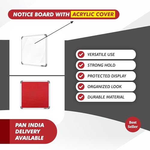 Image of YAJNAS 3X3 Feet Premium Material Red Designed Notice Board with Acrylic Door /Soft Board /Bulletin Board /Pin-up Display Board for Study Room, Office, School & Home Use