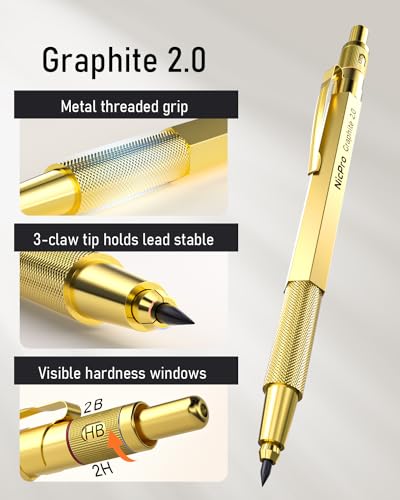 Image of Nicpro 35-Piece Art Mechanical Pencil Set,Metal Pencils 0.5 & 0.7 & 0.9 mm and 3 Pieces 2 mm Lead Pencil with 20 Cans of Replacement Leads (Colours 6B,4B,2B HB,2H,4H) for Sketching and Drawing, gold