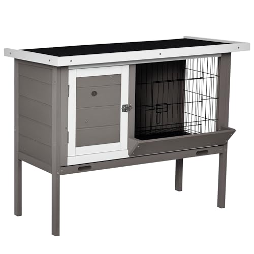PawHut Conejera de Madera Elevada Jaula para Conejos con Techo Asfáltico Abatible Puertas con Pestillo Bandejas Desmontables Conejera para Exterior 91x46x71 cm Gris