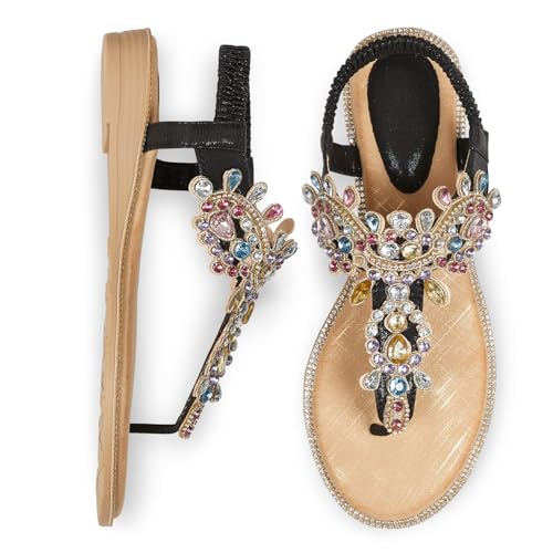 Image of iCKER Women Flat Thong Sandals Rhinestone Sparkly Boho Elastic Ankle Strap | Non‑slip,Matches Summer Dresses,for Vacation,Wedding,Evening and Festival