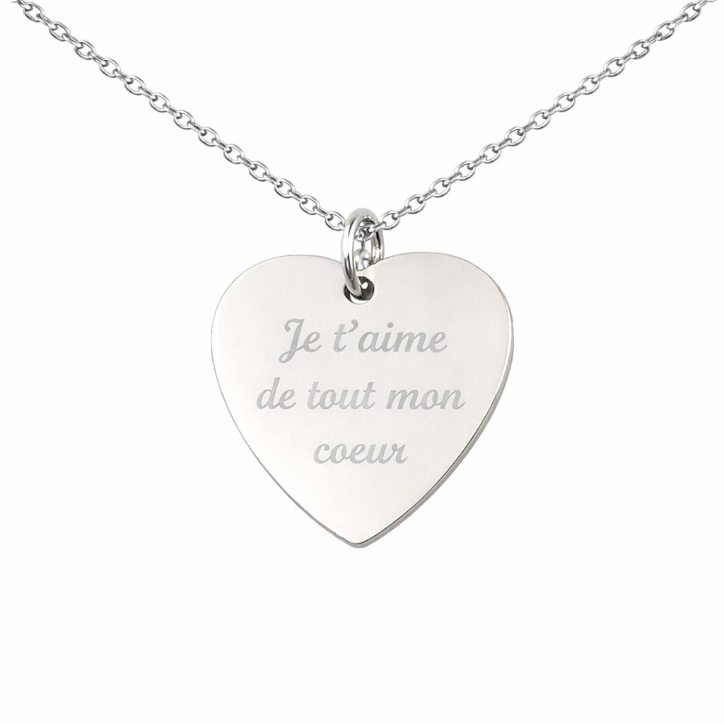Jeux'Gratte Collier cœur personnalisé gravé – Pendentif cœur en acier inoxydable argent brillant – Chaîne 45 cm – Cadeau original