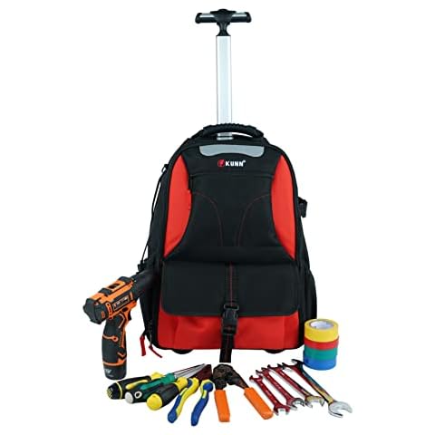 KUNN Rolling Tool Bag Backpack,Heavy Duty Tool Bags with Wheels,Water Resistant Roller Tool Backpack 37-Pocket and Multi-purpose Tool Organizer Red Cover