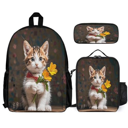 3-in-1 Backpack Combination Set Kitten Hugging A Flower Print 3Pcs Backpack Sets Travel Daypack with Lunch Bag And Cosmetic Bag