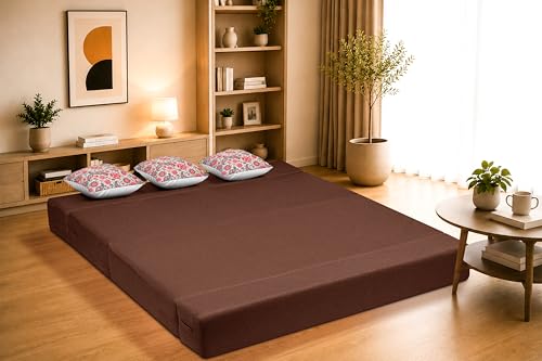 Image of Three Seater Sofa Cum Bed Jute Fabric 5 X 6 Ft| Space Saving Foldable Sofa Bed for Living Room & Guest Room | Comfortable Multi-Functional Furniture - Brown