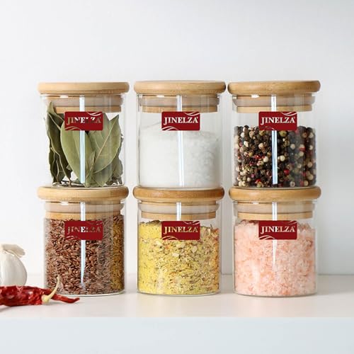 Jinelza 220ML Round Borosilicate Glass Food Storage Canister with Airtight Bamboo Lid Clear Glass Jar Container with Seal Wooden Lid for Kitchen Pantry Serving Tea Coffee Sugar Jar Set Of 6