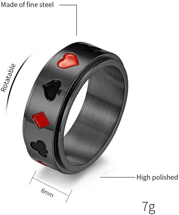 Miniatura 6 de Anillo giratorio de póquer para hombres y mujeres de titanio de acero inoxidable con ases de pala, cartas de juego giratorias, anillos para aliviar