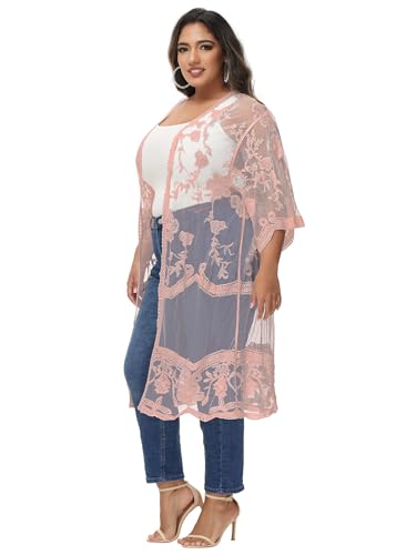 Image of Anna-Kaci Women's Plus Size Lace Cardigan Embroidered Long Kimono Dusters with Half Sleeves