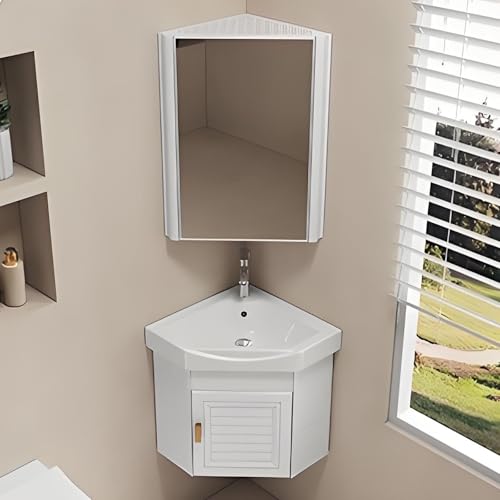 セラミックバスルームコーナーシンク、小さなバスルームシンク壁掛けバスルームコーナーシンク、ユーティリティシンクセット付きウォールキャビネット、小さなスペース、シングルアパート用(White,38cm)