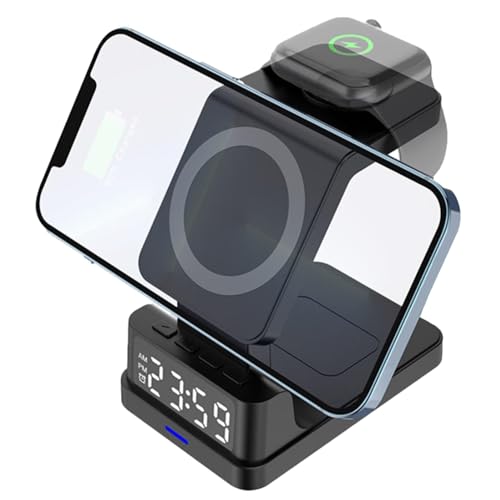 Reloj despertador digital con carga inalámbrica, estación de carga magnética de teléfono de 15 W, cargador inalámbrico 4 en 1 con reloj despertador, soporte de cargador inalámbrico con chipsets