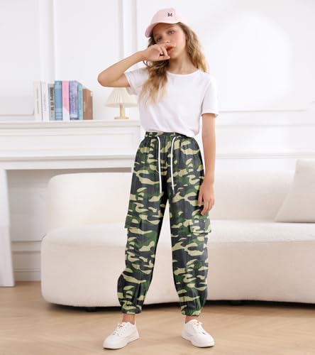 Image of Girls Cargo Pants Elastic Waist Casual Jogger Pants for Girls Streetwear Loose Parachute with Pockets 7-14Years