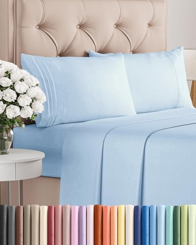 Queen Size 4 Piece Sheet Set - Comfy Breathable & Cooling Bed Sheets Set - Hotel Luxury Bedding for Women, Men, Kids, Teens, Boys & Girls - Deep Pockets, Soft and Wrinkle Free - Oeko-Tex - Light Blue