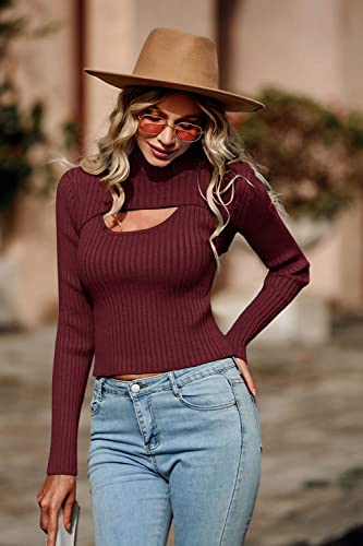Image of PRETTYGARDEN Women's 2025 Fashion Fall Clothes 2 Piece Cutout Tops Long Sleeve Mock Neck Rib Knit Winter Pullover Sweater (Wine Red,Small)