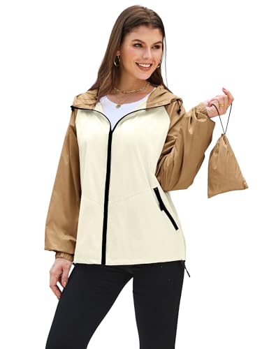 PITINAN Women's Rain Jacket Waterproof Raincoat Lightweight Rain Coat Hooded Windbreaker With Pockets for Outdoor Khaki White S
