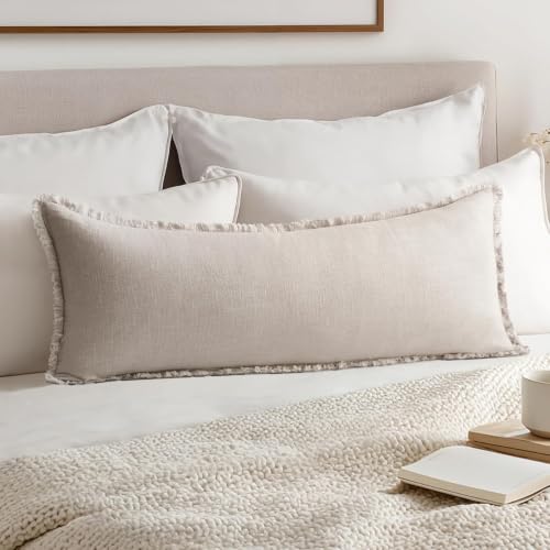 MIULEE 14x36 Long Linen Fringe Lumbar Pillow Covers Set of 1 Natural Beige