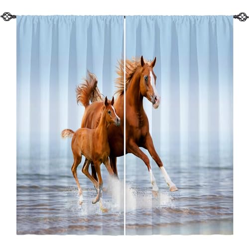 ANHOPE Horse Curtains Soft Lightweight Microfiber Window Drapes Farm Animal Mare Pony Running Print Pattern Rod Pocket Privacy Curtains for Bedroom Living Room 2 Panels 42 x 63 Inch