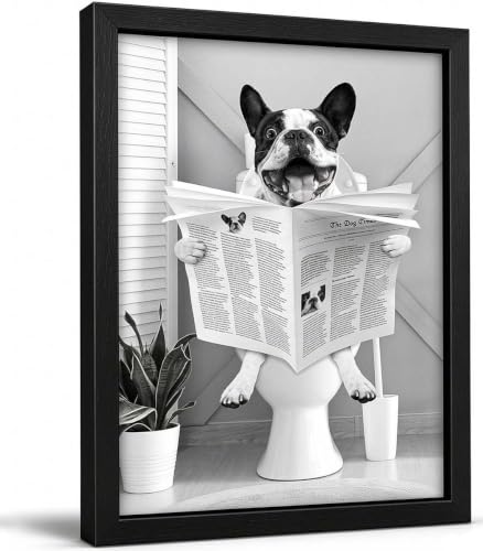 Biufo Bathroom Wall Decor Picture, Framed Dog Reading Newspaper Canvas Wall Art, Animal Poster Bathroom Restroom Decor (11"x14")