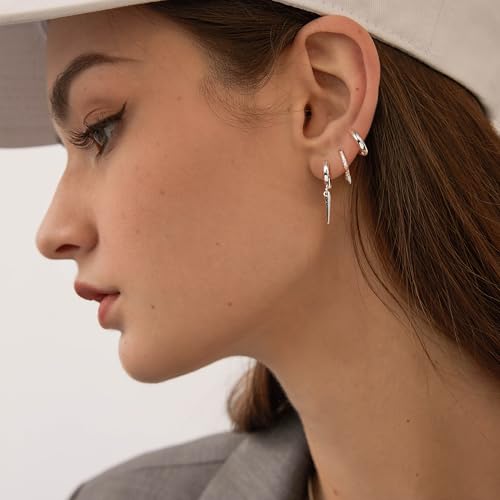 FANZE 3 Pairs Hoop Earrings for Women Dainty Chain Spike Gold Sliver Huggie Earring Set for Multiple Piercing Hypoallergenic Trendy Jewelry Gift2