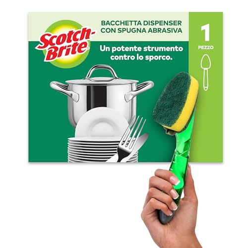 Scotch-Brite Spazzola Dosatrice per Piatti con Serbatoio Detersivo – Testina Abrasiva Resistente, per Pentole, Padelle, Ghisa e Griglie – Delicata sulle Mani, per la Cucina di Casa