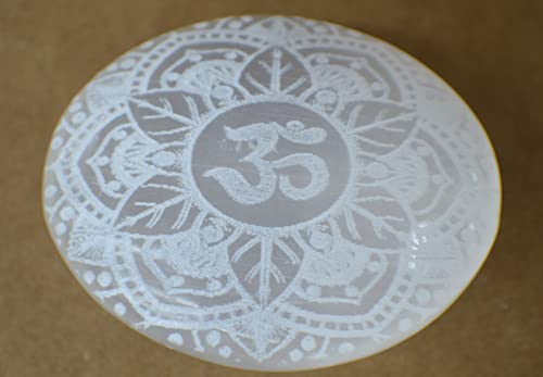 Image of Amazing Gemstone Selenite Palm Stone - OM Engraved Hot Massage Worry Stone for Natural Body Chakra Balancing, Reiki Healing and Crystal Grid
