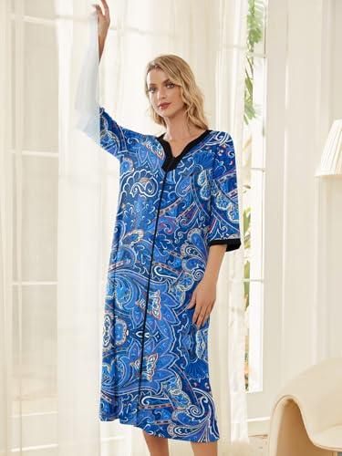 PITINAN Womens Housecoat Zip Up Robe Plus Size Nightgown moomoo Nightgowns for Women Mumu Dresses for Women with Pockets Anthony Richards Blue Paisley 3XL — view 2