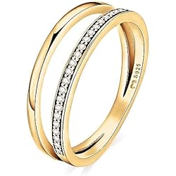 Anillos de mujer en plata de ley doble aro fino, con circonitas a un lado. Anillo plata mujer con acabado plateado o dorado. Joyería mujer ideal para parejas, regalo para madres. (Baño en oro, 6)