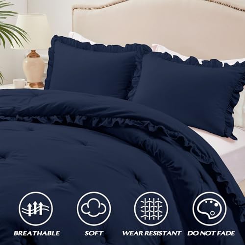 HARBOREST Full Comforter - Navy Ruffle Comforter for Full Size Bed, Fluffy Comforter Set for All Seasons, 3 Pieces Shabby Chic Bedding Set(1 Comforter & 2 Pillow Shams) by HARBOREST - Image 3