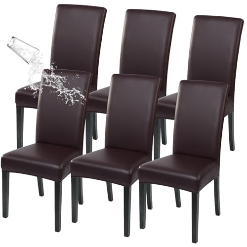 Image of SearchI Waterproof PU Leather Dining Chair Covers, Set of 6, Deep Brown | Stretch, Oilproof, Parsons Chair Slipcovers, Removable Washable, Kitchen Chair Protector for Dining Room, Hotel, Banquet