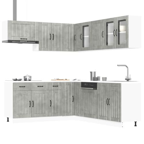 mzdioop Lucca 11-TLG. Juego de muebles de cocina de madera gris hormigón, muebles de cocina modulares con mucho espacio de almacenamiento, patas ajustables, fácil de limpiar