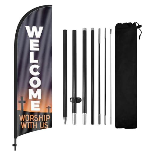 FSFLAG Welcome Worship with Us 98" x 22" Black Solid Religious Swooper Feather Flag Banner with Pole, Ground Stake & Carry Bag for Church Business Advertising